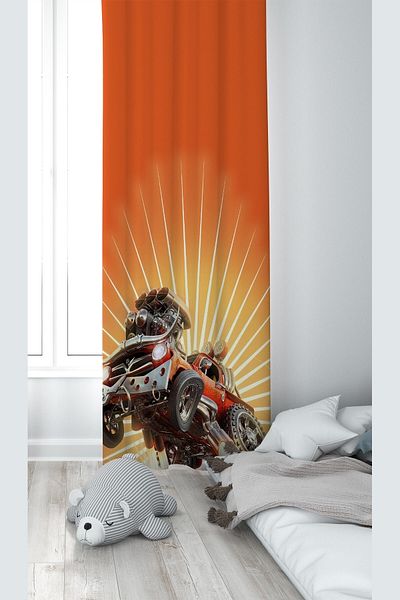 on the clouds Orange Car Patterned Digital Printing Washable Baby Kids Room Background Curtain