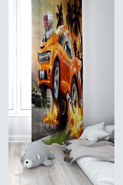 on the clouds Orange Car Patterned Digital Printing Washable Baby Kids Room Background Curtain