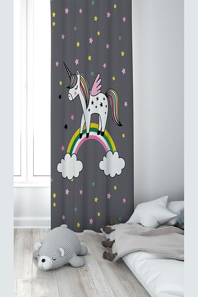 on the clouds Cortina de fundal pentru cameră pentru copii, lavabilă, cu model de unicorn gri