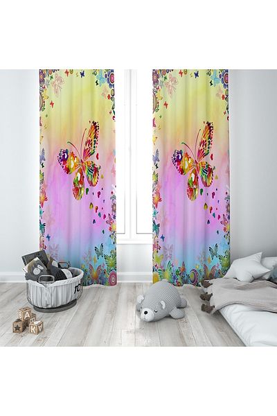 Pelangi Multicolored Butterfly Patterned Digital Printing Washable Baby Kids Room Background Curtain