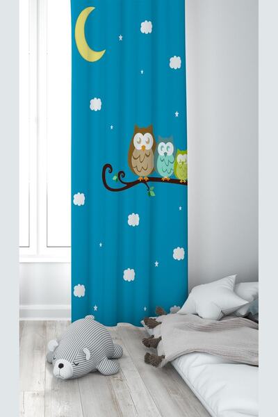 Pelangi Blue Moon And Owl Patterned Digital Printing Washable Baby Kids Room ...