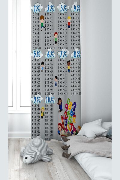 Pelangi Dark Gray Multiplication Table Patterned Digital Printing Washable Baby Kids Room Background Curtain