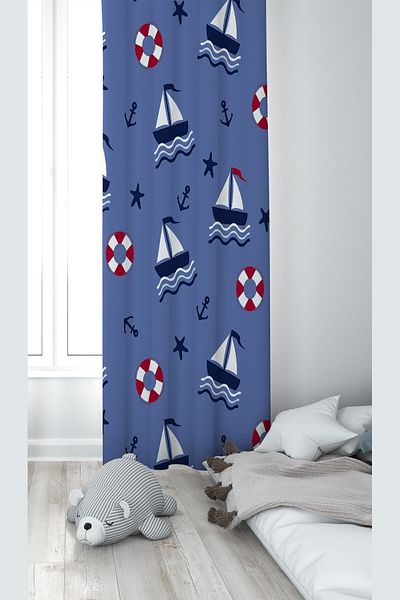 linazaitun Blue Sailboat Patterned Digital Printing Washable Baby Kids Room Background Curtain