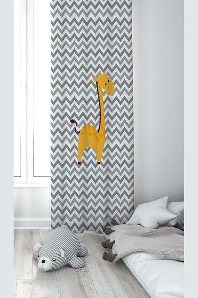 linazaitun Yellow Giraffe Patterned Digital Printing Washable Baby Kids Room Background Curtain