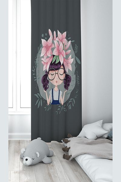 linazaitun Dark Gray Princess Patterned Digital Printing Washable Baby Kids Room Background Curtain