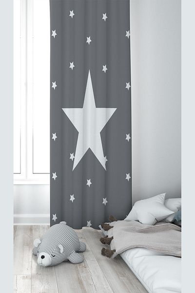 linazaitun Gray Star Patterned Baby and Children's Room - Digital Printing, Washable Background Curtain