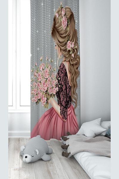 linazaitun Gray Princess Patterned Digital Printing Washable Baby Kids Room Background Curtain