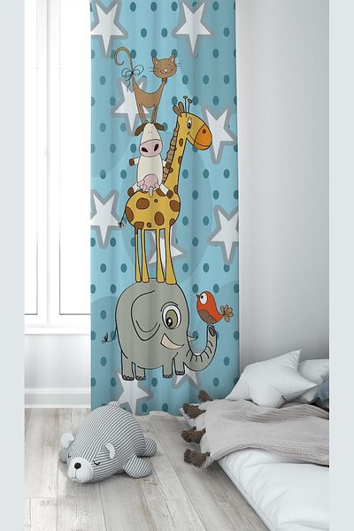 linazaitun Blue Cute Animals Patterned Digital Printing Washable Baby Kids Room Background Curtain