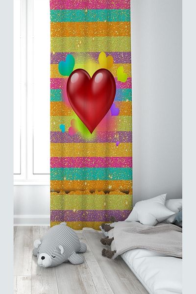 linazaitun Multi-Colored Heart Patterned Digital Printing Washable Baby Kids Room Background Curtain