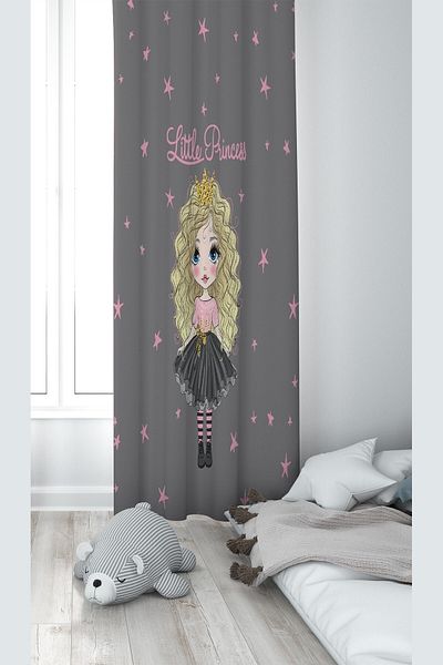 linazaitun Gray Princess Patterned Digital Printing Washable Baby Kids Room Background Curtain