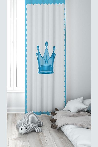 linazaitun Blue King Crown Patterned Digital Printing Washable Baby Kids Room Background Curtain