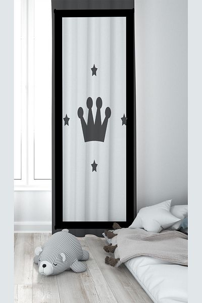 linazaitun Gray King Crown Patterned Digital Printing Washable Baby Kids Room Background Curtain