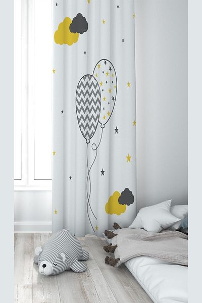 linazaitun White Balloon Patterned Digital Printing Washable Baby Kids Room Background Curtain