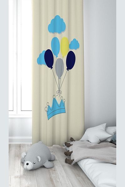linazaitun Cream Crown And Balloon Patterned Digital Printing Washable Baby Kids Room Background Curtain