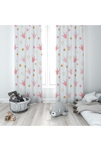 linazaitun White Crown Patterned Digital Printing Washable Baby Kids Room Background Curtain