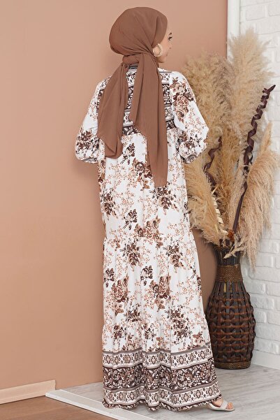 Bigdart 1947 Desenli Uzun Elbise - Kahverengi