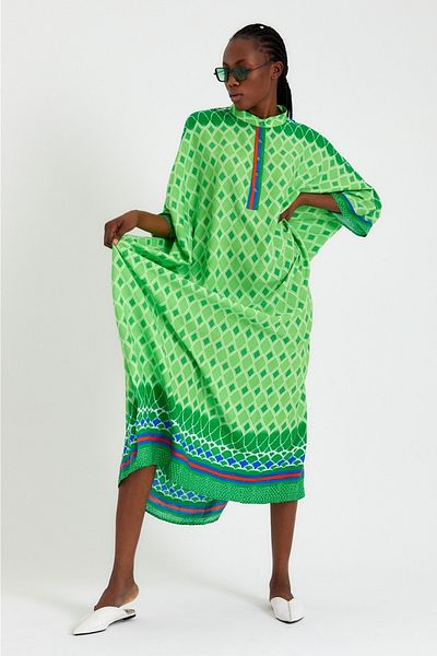 Eceyaman moda Green Pink King Size High Collar Women's Dress