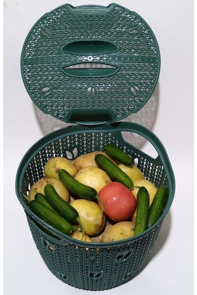abnturk Örgü Desenli Koyu Yeşil Kapaklı 12 Litre Meyve Sebze Sepeti Patates S...