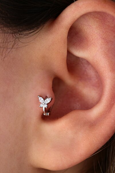 Vilma Aksesuar Tragus Cerrahi Çelik Taşlı Kelebek Piercing Gümüş Renk (6MM)