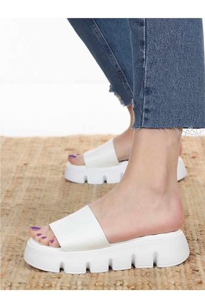 Afilli Women's White Single Strip Thick Platform Sole Open Front Casual Sports Slippers Summer Shoes