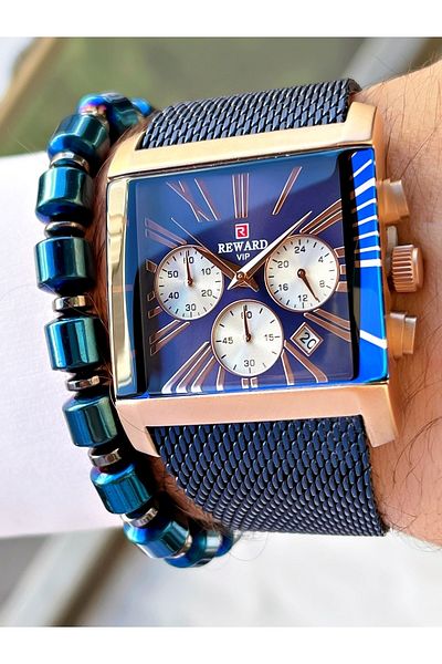 Reward Dark Blue Color Square Model Functions Active Men's Wristwatch + Bracelet