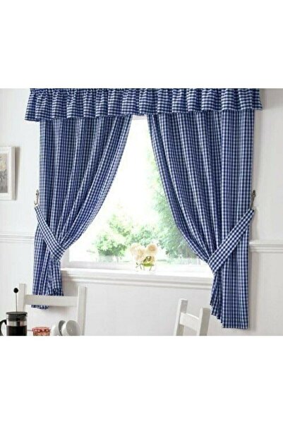 Hızlı Çeyiz 200 cm Farbelalı 2 Kanat Pileli Dikim Pötikare Mavi Fon Perde