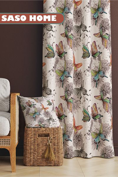 SasoHome Dance Of Butterflies - Dancing of Butterflies Patterned 140 X 270 cm Quality - Digital Printed Background Curtain