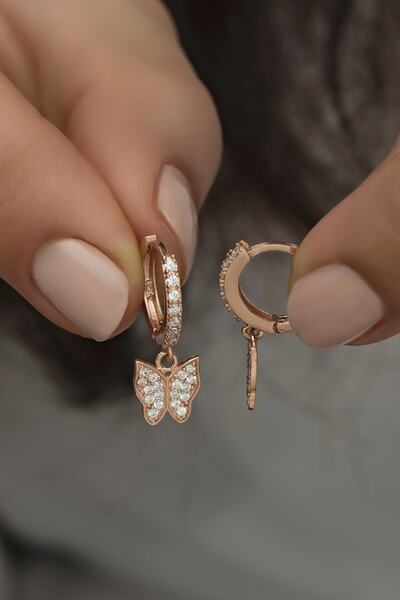 Nereze 925 Ayar Gümüş Sallantılı Rose Kelebek Küpe