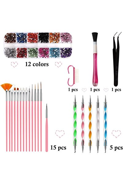 alaraycosmetics Nail Art Tool Kit Nail Art Fırçalar Renkli Rhinestones Dekora...