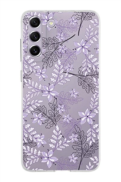 PrintiFy Samsung Galaxy S21 Fe Kapak Floral Lila Tasarımlı Şeffaf Silikon Kılıf