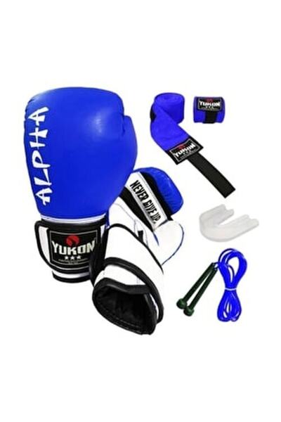 Yukon Alpha Boks Eldiveni Mavi + Boks Bandajı + Dişlik + Atlama Ipi - 4'lü Set 4 - 6 - 8 - 10 - 12 Oz