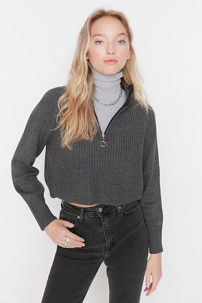 Trendyol Collection Stand Collar Zippered Anthracite Knitwear Sweater - Twoaw22Kz1632