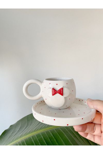 Mugtasarım Handmade and Painted Red Double Turkish Coffee Cup