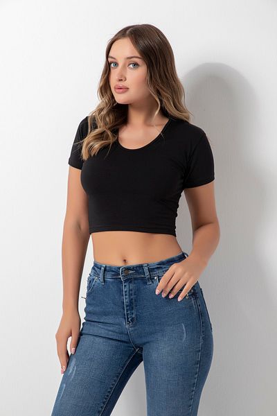 DONEX 3377 Round Neck Short Sleeve Crop Black