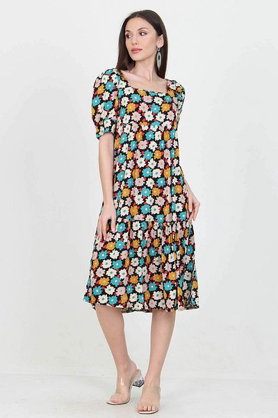 Neşeli Butik Fusta de damă turcoaz cu guler pătrat Rochie din viscoză cu volane cu imprimeu floral Nb10026