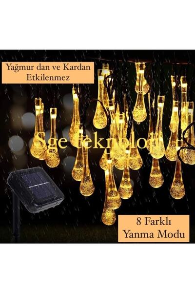Su Damlası Güneş Enerjili 50 Led Sarı Renkli Solar Bahçe Aydınlatması Led Lamba