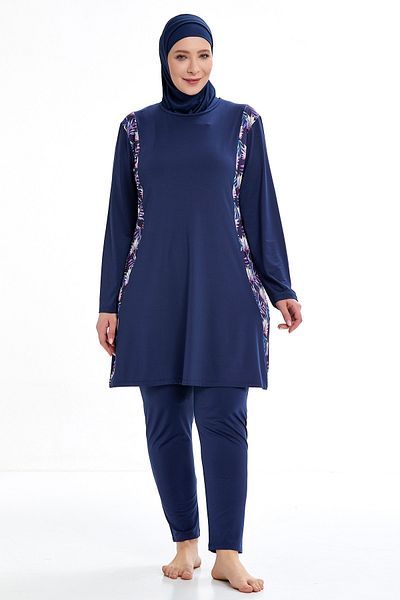 MEBA Lycra Battalini Plus Size floral μοτίβο μακρυμάνικο πλήρη κάλυψη Σκούρο μπλε ναυτικό μαγιό Hijab