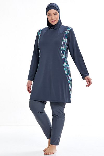 MEBA Lycra Battalini Plus Size floral μοτίβο μακρυμάνικο πλήρως καλυμμένο μαγιό ανθρακί Hijab