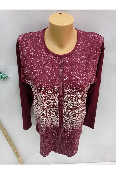 Sel Tekstil New Season Women's Large Size Crew Neck Printed Mother Combed Cotton