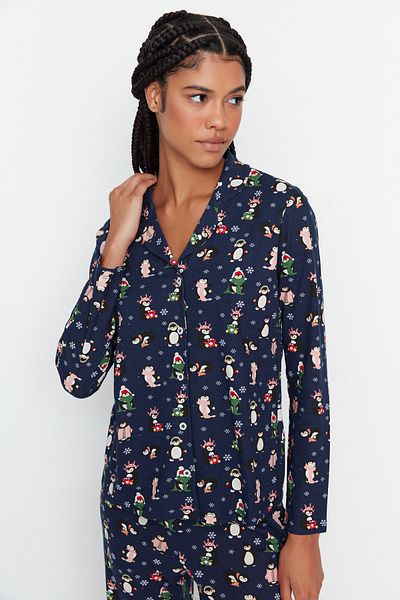 Trendyol Collection Sada zimního pyžama z bavlny v námořnické modré se vzorem Penguin - Thmaw23Pt00150