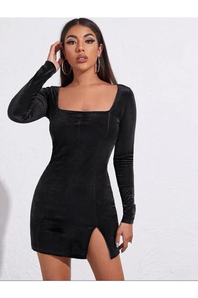 Styling Park Kare Yaka Mini Kadife Elbise