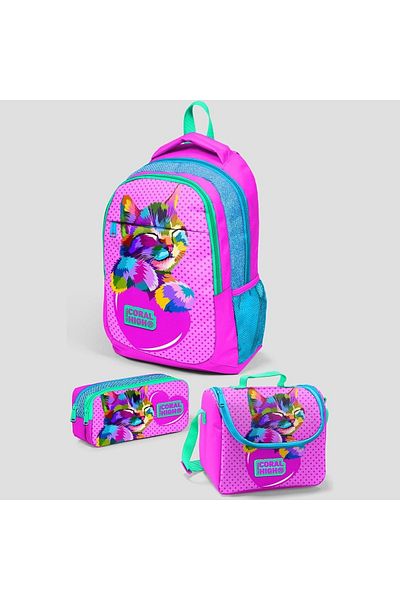 Coral High Rucsac de școală cu model de pisică cu sclipici roz albastru pentru copii - cutie de prânz termo