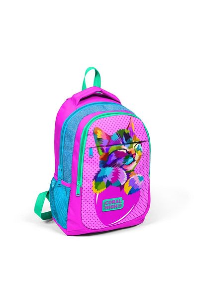 Coral High Rucsac de școală cu model de pisică cu sclipici roz albastru pentru copii - cutie de prânz termo
