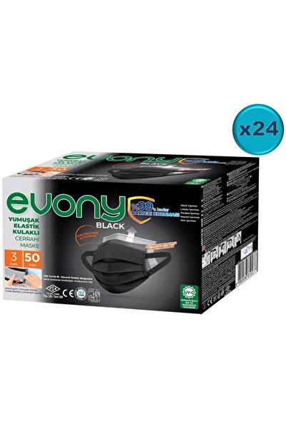 Evony 3 Katlı Filtreli Burun Telli Cerrahi Maske 1200 Lü Set Siyah/black (yum...