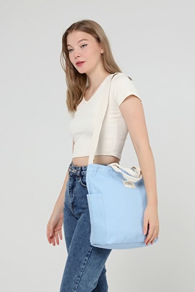 ICONE BAG Geantă de damă de culoare albastră, geantă tote din pânză cu buzunare laterale, curea de coloană reglabilă și fermoar