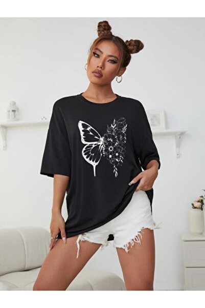 shiron Kadın Oversize Ön Siyah Çiçekli Kelebek Tshirt