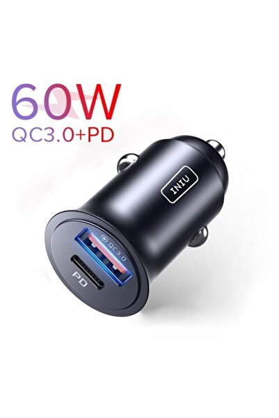Gelecek Market Inuı-getıhu 60w Çift Çıkışlı Mini Hızlı Araç Şarj Cihazı (usb + Type-c)(metal-siyah)