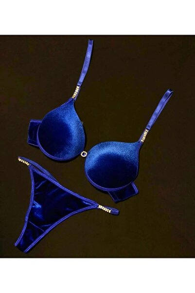 Arc Mios Fashıon Kadın Saks Mavi Kadife Sütyen Takım