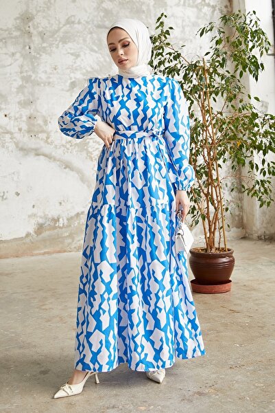 InStyle Liya Striped Patterned Belted Dress - Blue