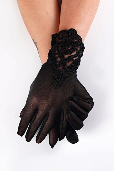 Genel Markalar El Aksesuarı Siyah Dantel Motifli Gelin Eldiveni – Parti Eldiveni